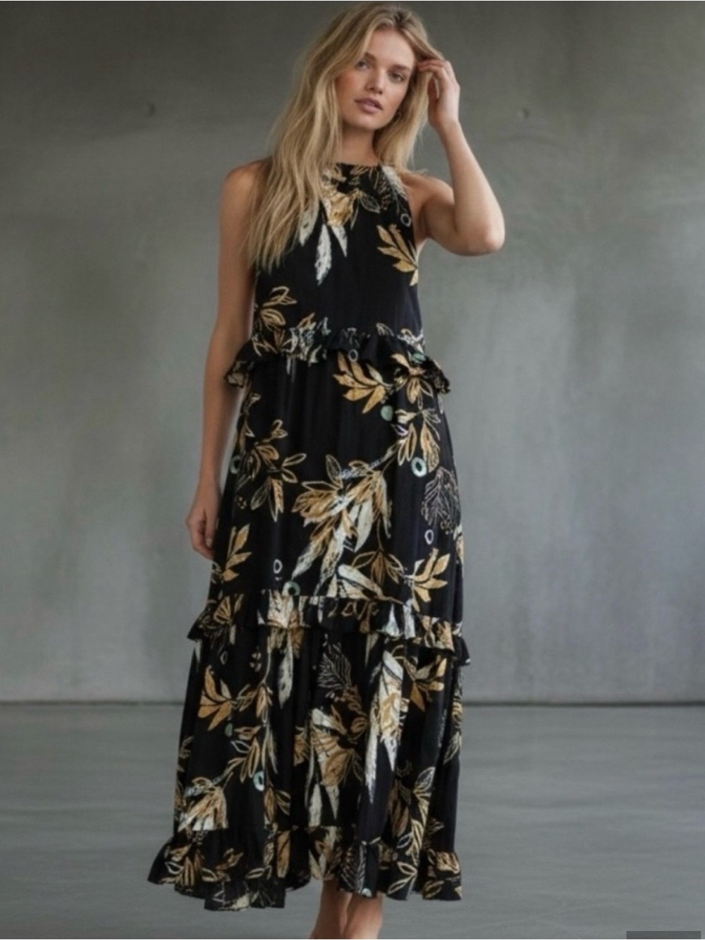 Free People Black Cotton Boho Tiered Maxi Dress with Gold Leaf Print Sz S/P